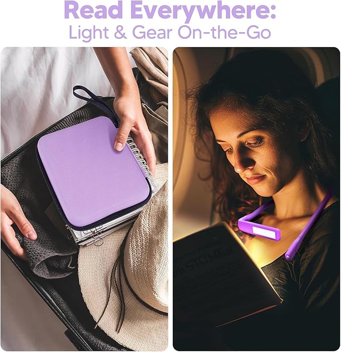 Voilet Neck Light with Storage Case, 10-80Hrs Eye-friendly Book Reading Lamp, Knitting Crochet Sewing Craft Light Rechargeable Adjustable, Christmas Birthday Gifts for Book Lovers Knitters Crafters