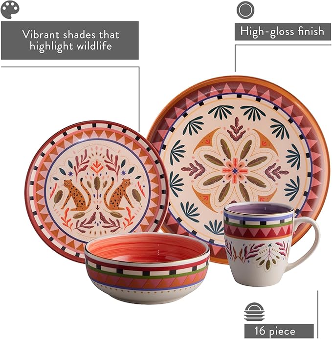 Corona 16–piece Colorful Wild Jungle Animals Inspired Ceramic Dinnerware Sets | Plates, Bowls and Mugs | Service For 4 | Selvatica