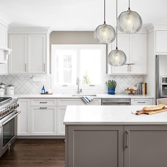 Smoke Gray Glass Pendant Lights Kitchen Island 3-Light Cluster Pendant Lighting Vintage Dining Room Multi Pendant Light Fixture Ceiling Hanging Globe Chandelier for Entryway Staircase