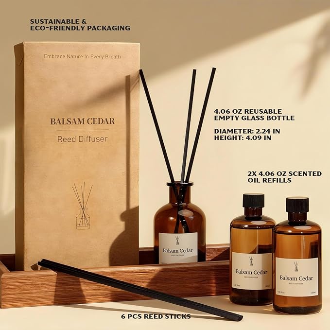 Balsam Cedar Reed Diffuser Set - Includes Reed Diffuser Sticks, 2 Pack Fragrance Oil and Glass Bottle, Reed Diffusers for Home Bathroom Shelf Decor & Gift, Air Fresheners (8.12 fl.oz)