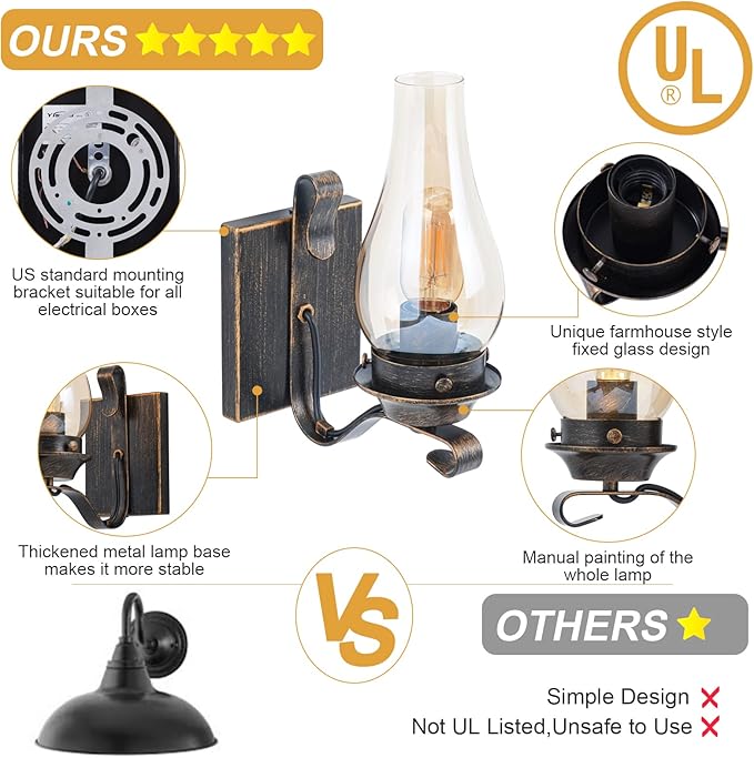 Wall Sconces Sets of 2, Oil Rubbed Bronze Hardwired Wall Sconce Indoor, Retro Rustic Wall Lamps with Amber Glass,Vintage Bedside Sconces Wall Lighting for Living Room Bathroom
