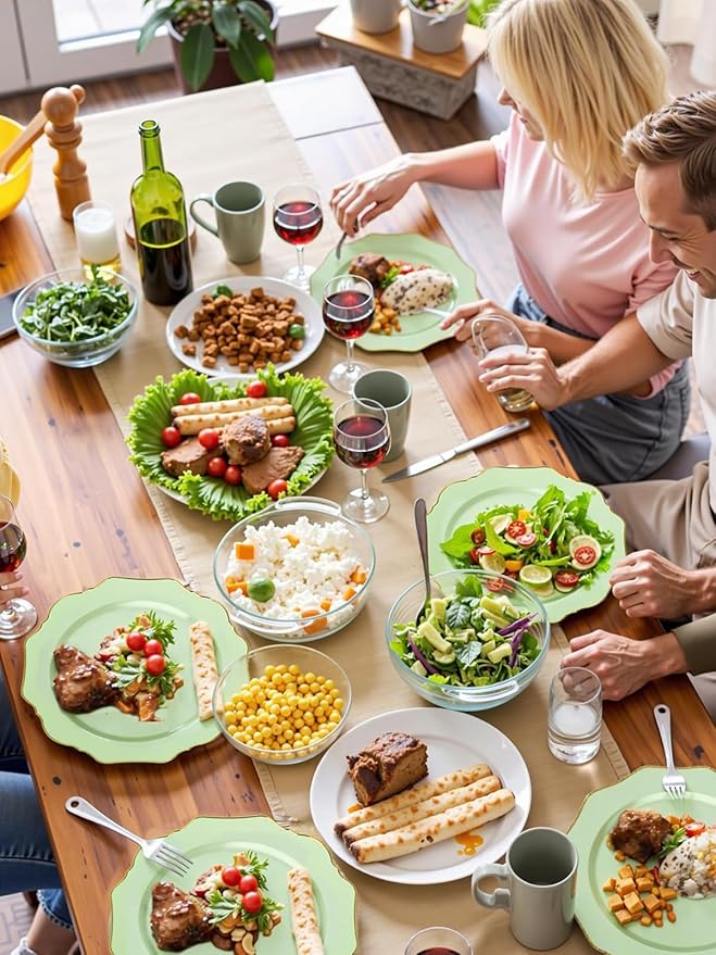 WDF 175Pcs Sage Green Plastic Plates With Gold Rim - Disposable Sage Green Plates 25guest Disposable Dinnerware Ideal for Party/Wedding/Spring Party