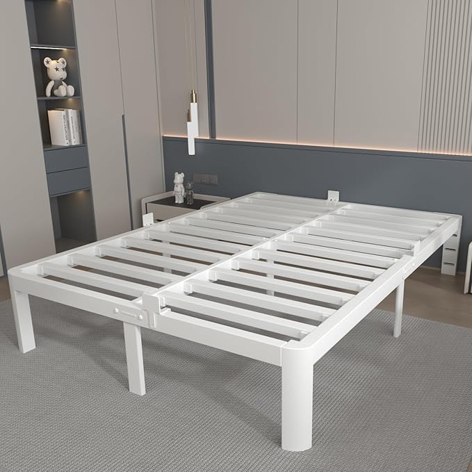 12 Inch Queen Bed Frame with Metal Gaskets, White Bed Frame Queen Size No Box Spring Need, Heavy Duty Steel Platform Support, Round Corner Design, Reserved Holes, Noiseless, Storgae Space