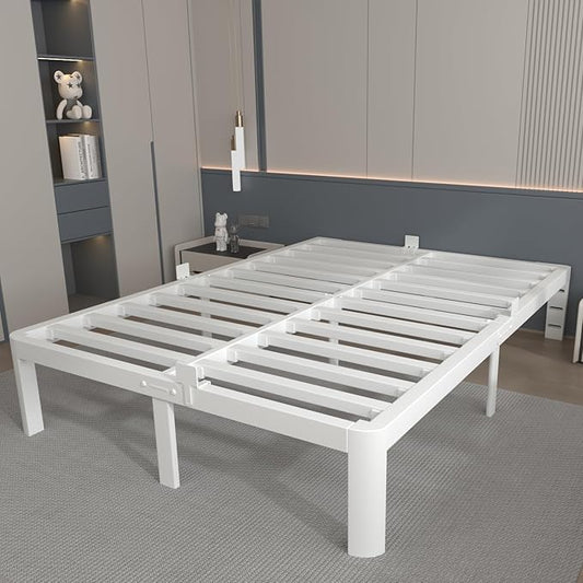 12 Inch Queen Bed Frame with Metal Gaskets, White Bed Frame Queen Size No Box Spring Need, Heavy Duty Steel Platform Support, Round Corner Design, Reserved Holes, Noiseless, Storgae Space