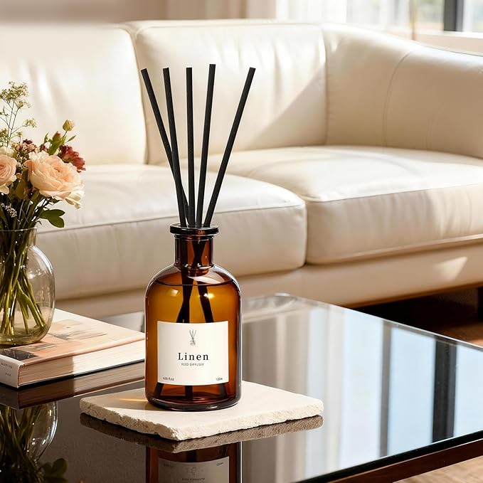 Reed Diffuser Set, 8.12 fl.oz Linen Scented Oil Diffuser, Home Fragrance Reed Diffusers for Bathroom Shelf Decor & Air Fresheners - Includes Reed Diffuser Sticks, 2 Pack Fragrance Oil & Glass Bottle
