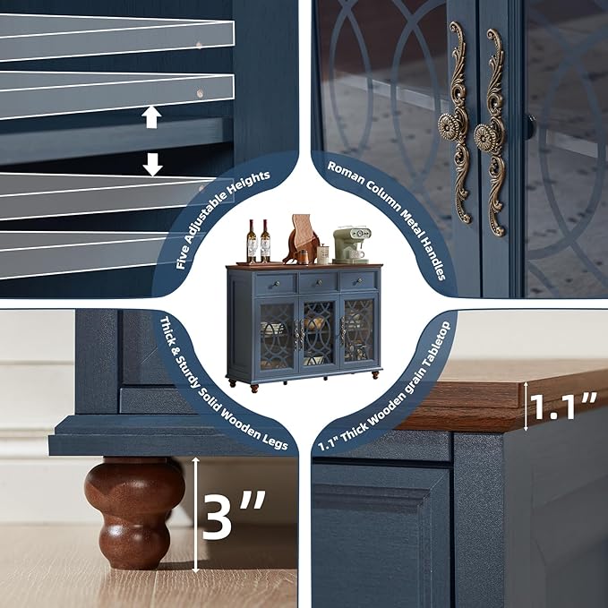 Farmhouse Sideboard Buffet Cabinet with Storage,48" Large Credenza with 3 Glass Doors & 3 Drawers,Adjustable Shelves Console Table,Wood Kitchen Coffee Bar for Dining Room,Living Room,Navy Blue