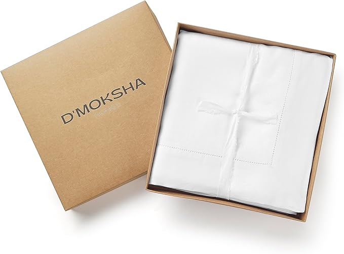 D'Moksha Homes White Linen Tablecloth for Rectangle Tables 60 x 144 Inch - 100% Pure Linen White Table Cloth - Classic Hemstitch, Machine Washable Dining Tablecloth for Christmas
