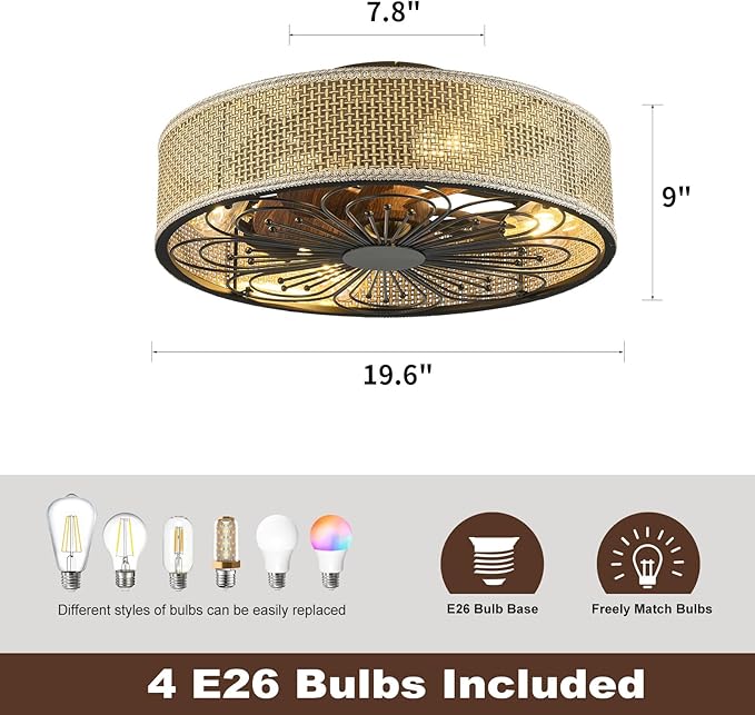 Modern Boho Rattan Flush Mount Ceiling Fans with Lights and Remote Control Low Profile Bladeless Ceiling Fan Timer and 6-Speed Reversible Motor for Bedroom, Kitchen, Dining Room Include Bulbs