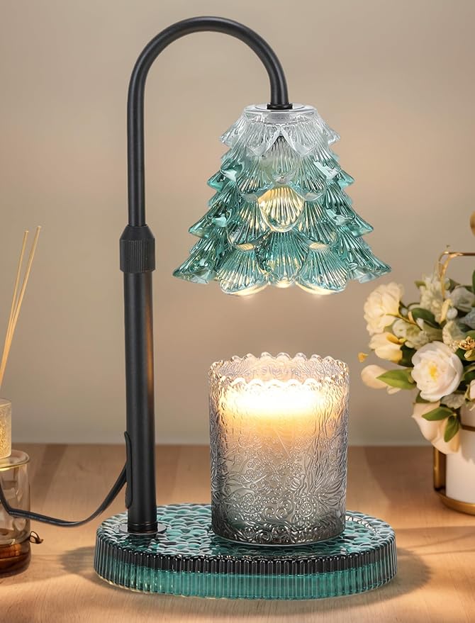 Candle Warmer Lamp with Timer & Dimmer, Crown Glass Lamp Candle Warmer for Jar Candles, 2 Bulbs, Height Adjustable Electric Wax Warmer for Elegant Home Decor (Emerald Pine)