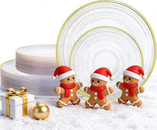 Morejoy 60Pcs Clear Plastic Plates,Clear Disposable Plates With Gold Rim,Heavy-duty Gold Plate, Modern swirl design Plate Include 30Clear Dessert-Platos,30Dinner-Platos for Party&Christmas