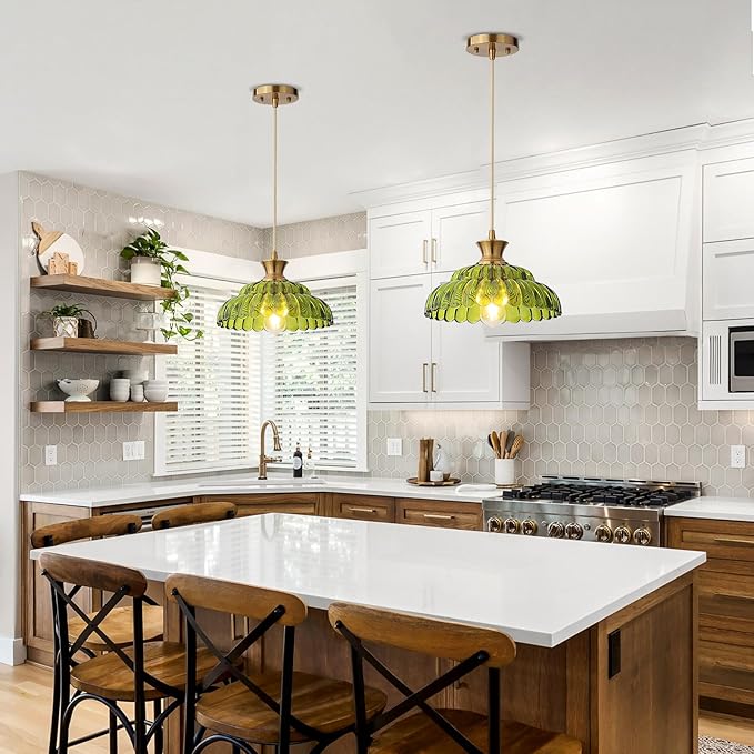 2Pack Glass Pendant Lights, 11.8" Vintage Lighting Green Glass Light Fixtures Brushed Gold Modern Green Chandelier Hanging Ceiling for Kitchen Island Dining Room Restaurant Foyer Entryway