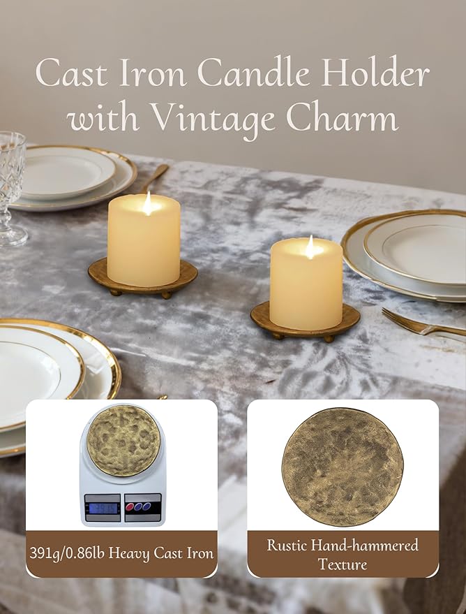 Cast Iron Candle Holder: 4.6 in Pillar Gold Candle Plate Brass Pedestal Stand Vintage Decorative Tray for 3 Wick Jar Candles Tealight Votive for Table Home Christmas Set of 2