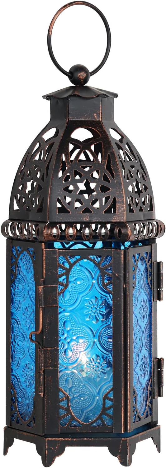 DECORKEY Christmas Lanterns Decorations Indoor & Outdoor, 11’’ Medium Size Vintage Metal Hanging&Tabletop Candle Holder Decor, Halloween Ramadan Decorations for Home Porch Patio(Blue)