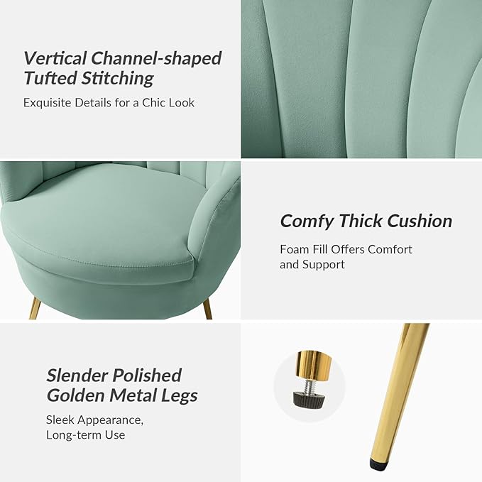 HULALA HOME Modern Velvet Accent Chairs Set of 2 with Shell Shaped Back, Cute Living Room Bedroom Armchairs with Gold Legs, Comfy Upholstered Vanity Chairs for Makeup Room, Sage