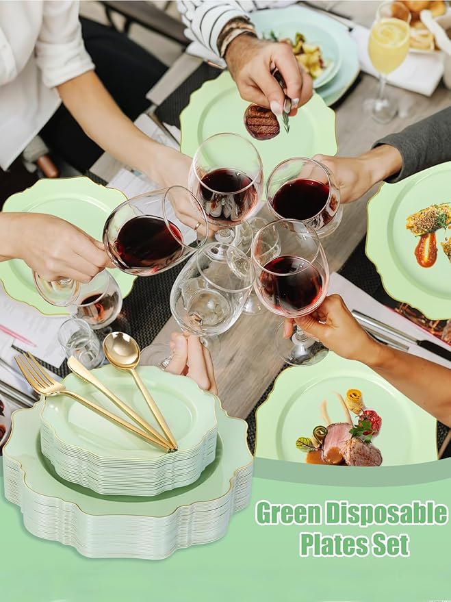 WDF 175Pcs Sage Green Plastic Plates With Gold Rim - Disposable Sage Green Plates 25guest Disposable Dinnerware Ideal for Party/Wedding/Spring Party