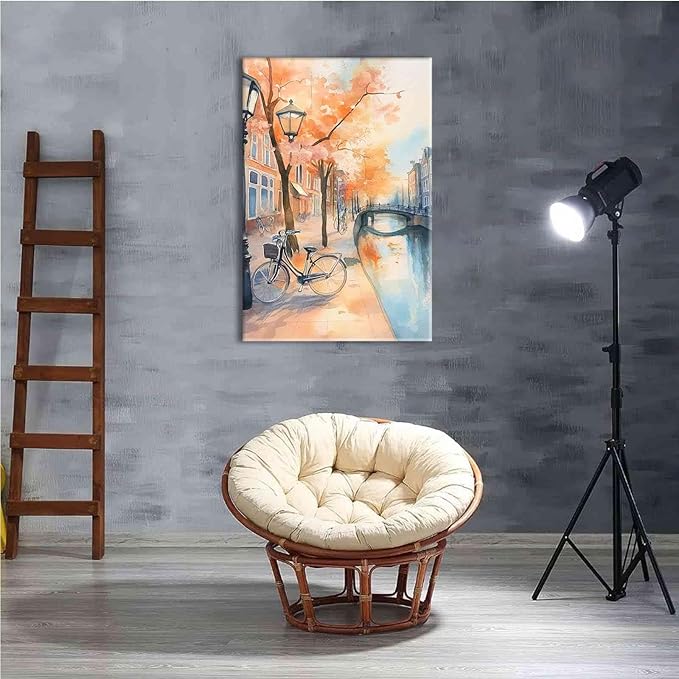 Framed Canvas Prints Amsterdam Canal Bikes Watercolor Painting Netherlands Wall Art Print Amsterdam Cityscape Travel Poster Europe Art Print 12x18in-Framed