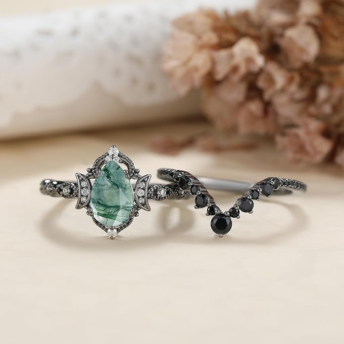Black Gold Plated Natural Moss Agate Bridal Wedding Ring Sets for Women, 925 Sterling Silver Gothic Vintage Promise Rings and Eternity Black Spinel Band for Her - Boho Art Deco Platinum Plated Engagement Rings Size 4-9