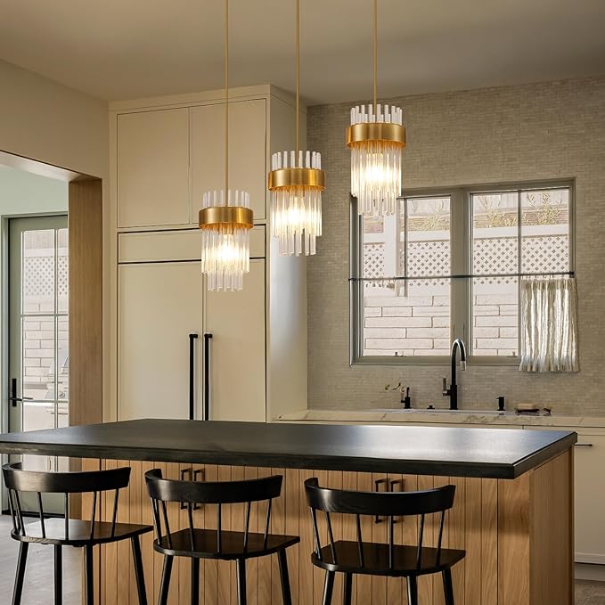 Dijiahua Gold 3-Light Pendant Lights Kitchen Island Over Table, Modern Crystal Brushed Brass Linear Chandeliers,Adjustable Cord Hanging Counter Lamp Fixture for Dinning Room,Sink