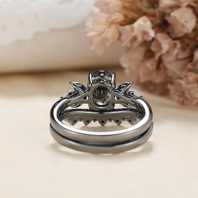 Oval Natural Black Rutilated Quartz Celtic Knot Bridal Wedding Ring Sets with Black Gold or Platinum Plated 925 Sterling Silver, Irish Gothic Engagement Rings and Spinel Trinity Annversary Band Size 4-9