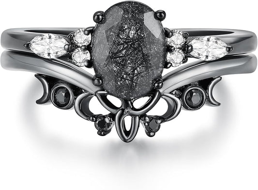 Oval Natural Black Rutilated Quartz Celtic Knot Bridal Wedding Ring Sets with Black Gold or Platinum Plated 925 Sterling Silver, Irish Gothic Engagement Rings and Spinel Trinity Annversary Band Size 4-9