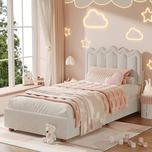Twin Bed Frame with Headboard, Boucle Bed Frame, Soft Upholstered Platform Cloud Bedframe with Footboard, Solid Wood Legs, Solid Wooden Slats Support, No Box Spring Required, Easy Assembly