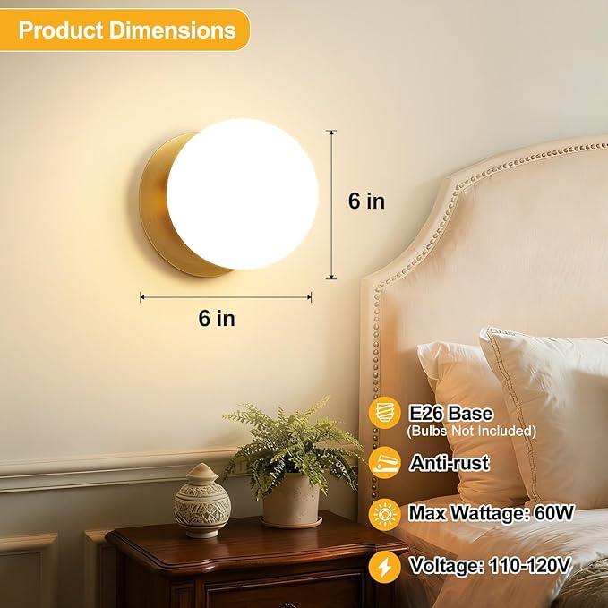 1 Pack Gold Wall Sconce, Modern Bathroom Sconce with Milky Globe Glass, Wall Light for Bathroom Mirror, Living Room, Hallway (Bulb Not Included)