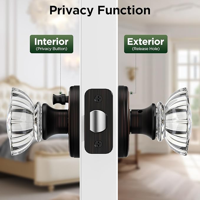 1 Pack Crystal Door Knob, Rosette Shaped Glass Door Knobs Interior with Lock, Oil Rubbed Bronze Door Knobs Interior Glass