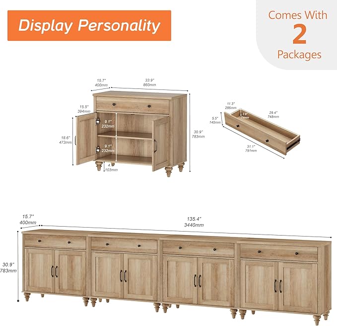 WAMPAT Farmhouse TV Stand for 85 inch TV with 8 Doors and 4 Drawers, Wood Universal TV Stand with Large Storage Cabinets, Oak Entertainment Center TV Console Table for Living Room, Bedroom