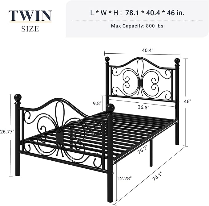 Allewie Twin Size Bed Frame for Kids,Metal Bed Frame with Butterfly Pattern Design Headboard and Footboard,No Box Spring Needed,Easy Assembly,Black
