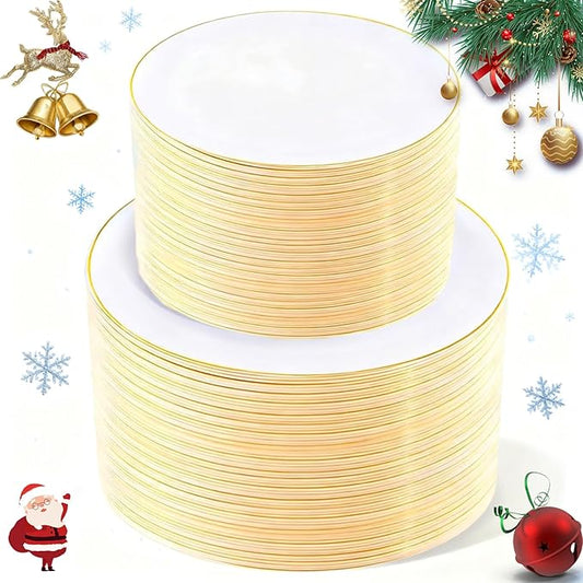 KIRE 200PCS Gold Plastic Plates - Disposable Plates for Party - White Plastic Plates with Gold Rim Include 100 for Dinner and 100 for Dessert/Salad in Wedding/Christmas