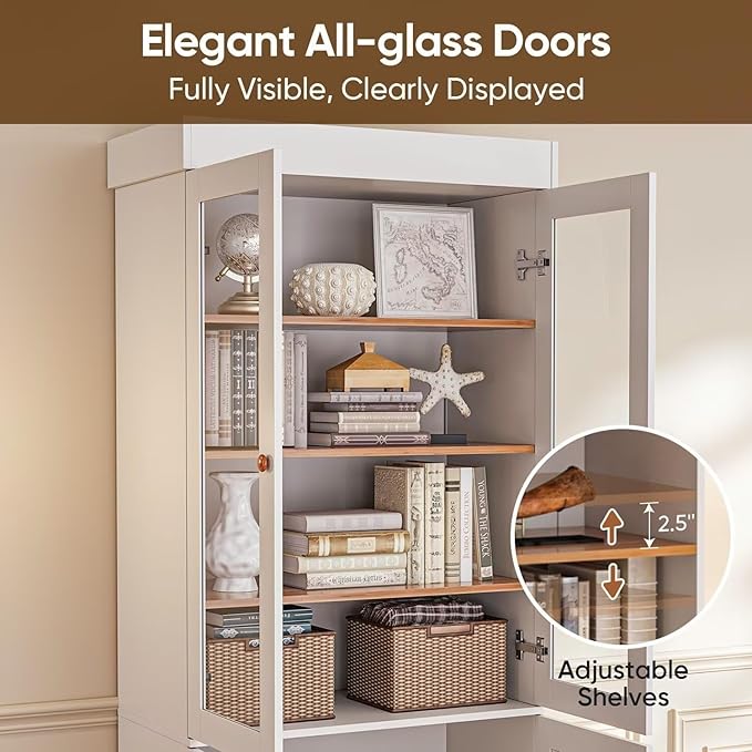 Vyre 71" Tall Farmhouse Bookshelves with Glass Doors and Drawers, Set of 4 – Large Modular Bookcase with Adjustable Shelves, Storage Cabinet for Living Room, Kitchen, White