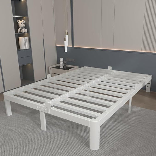 10 Inch Full Size Bed Frame, White Bed Frame Full with Metal Gaskets, No Box Spring Needed, Rounded Corner Design, Heavy Duty Steel Platform Support,Reserved Holes, Noiseless, Storage Space