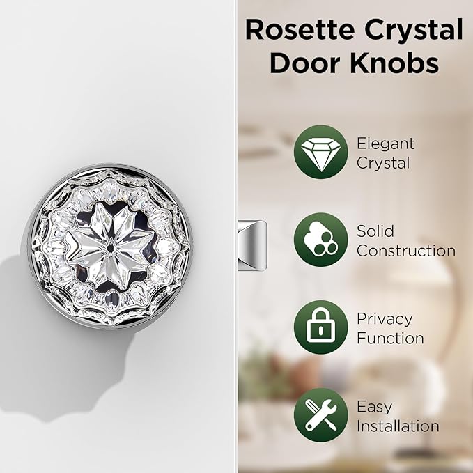 1 Pack Crystal Door Knob, Rosette Shaped Glass Door Knobs Interior with Lock, Polished Chrome Door Knobs Interior Glass