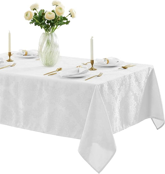 Newbridge Barcelona Luxury Damask Fabric Tablecloth, 100% Polyester, No Iron, Soil Resistant Holiday Tablecloths and Napkins, 60 x 102 inch Rectangle, White