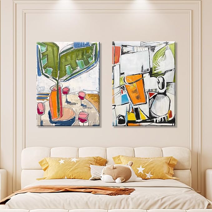 Framed 2pcs Abstract White Green Wall Art Geometric Print Colorful Dining Room Canvas Painting Modern Mexican Style Picture Living Room Kitchen Dining Room Cafe Decor Ready to Hang 16X24inch