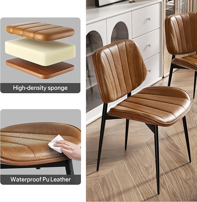 Dining Chairs Set of 8, Mid Century Modern Dining Room Chair, Upholstered Faux Leather Kitchen Chairs with Walnut Bentwood Back and Metal Legs for Kitchen Dining Room Living Room, Brown