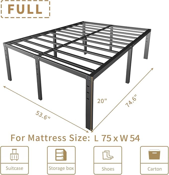 20 Inch Full Size Bed Frame, No Box Spring Needed, Heavy Duty Black Metal Platform Mattress Foundation with Steel Slats, Non-Slip Noise Free Easy Assembly, Large Storage