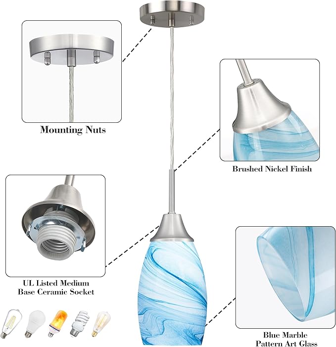 Mini Glass Pendant Light 1-Pack with Handblown Blue Marble Art Oval Glass Lamp Ceiling Hanging Light 4.72" Small Chandelier for Dining Room Kitchen Foyer Hallway