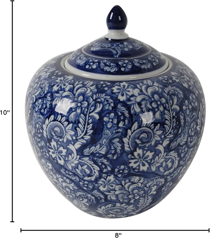 A&B Home 10'' Decorative Antique Porcelain Jar with Lid Flower Pot Planter Blue and White Vase Floral Print Centerpiece Home Decor Indoor Outdoor