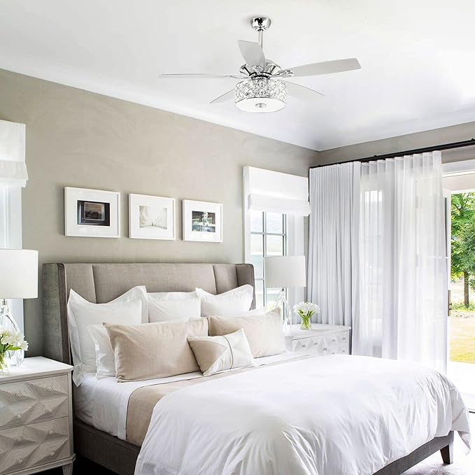 Parrot Uncle Ceiling Fans with Lights and Remote, 52 Inch Chandelier Ceiling Fan with Light for Bedroom Living Room, Modern Flush Ceiling Fan with Crystal Light, 5 Reversible Blades, Noiseless, Silver