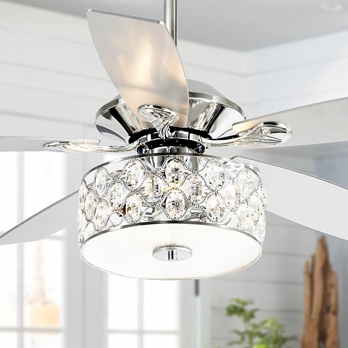Parrot Uncle Ceiling Fans with Lights and Remote, 52 Inch Chandelier Ceiling Fan with Light for Bedroom Living Room, Modern Flush Ceiling Fan with Crystal Light, 5 Reversible Blades, Noiseless, Silver