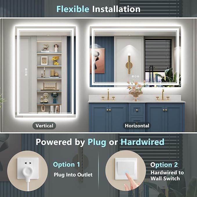 60x28 LED Bathroom Mirror with Lights, Backlit + Front Lit, Anti-Fog Lighted Vanity Mirror for Bathroom Wall with 3 Colors, Dimmable, Memory, Shatter-Proof, HD Tempered Glass, ETL Listed