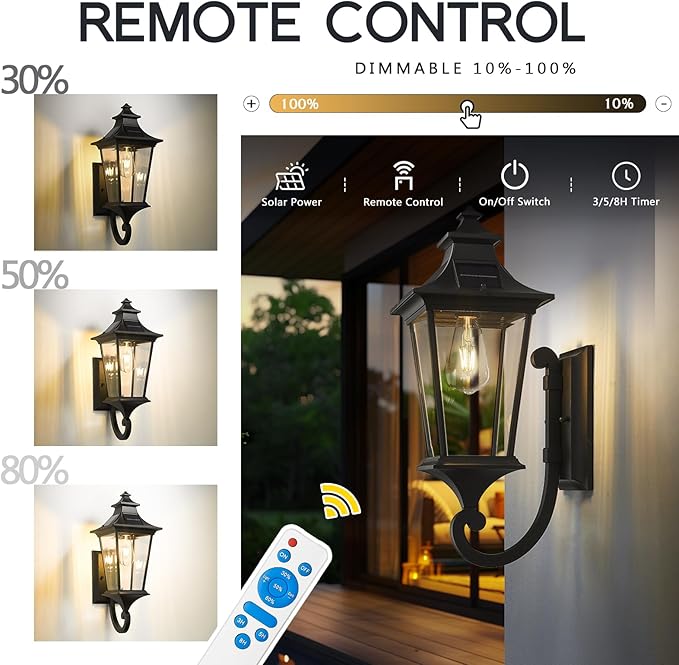 Emliviar Solar Exterior Front Porch Light with Remote Control, 3 Lighting Modes Waterproof Solar Wall Lantern, Auto On/Off Black Outside Light with Clear Glass, 500181-SL BK