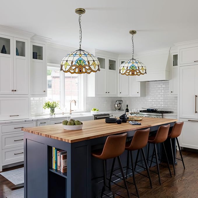 Tiffany Pendant Light Stained Glass Chandelier Victorian Hanging Lighting Fixture for Dining Living Room Kitchen Island Study Hallway,15 inch
