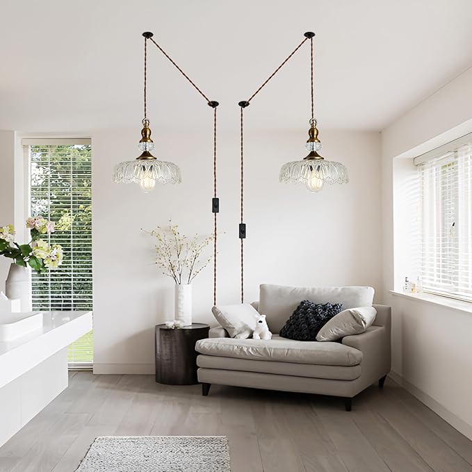 CVKASH Plug in Glass Pendant Light Fixture Brass Vintage Adjustable Chandelier Brushed Gold Hanging Ceiling Light for Farmhouse Hallway Bedroom Foyer Kitcken Dining Room Island