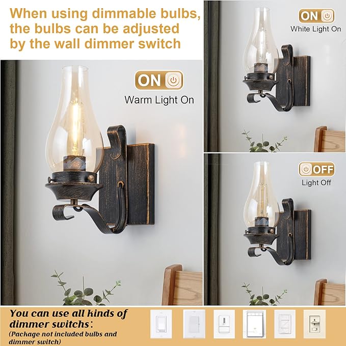 Wall Sconces Sets of 2, Oil Rubbed Bronze Hardwired Wall Sconce Indoor, Retro Rustic Wall Lamps with Amber Glass,Vintage Bedside Sconces Wall Lighting for Living Room Bathroom
