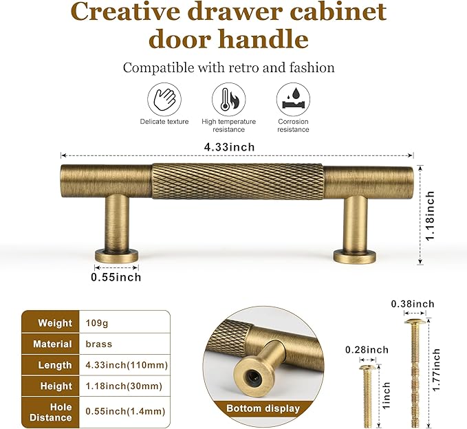 -3 Inch (76mm) Brass Knurled Kitchen Cabinet Handles,2 Pack Antique Brass Vanity Dresser Drawer Puls, Bathroom Cabinet Furniture Handles Wardrobe Furniture Door Hardware