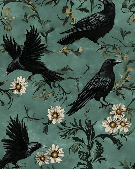 Crow Peel and Stick Wallpaper 17.4" x 394" Gothic Contact Paper Witchy Self Adhesive Removable Covering for Bedroom Bathroom Cabinet Drawer Halloween Vintage Raven Wall Decor Dark Grey Green