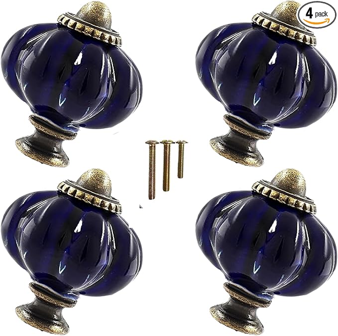 Navy Blue Vintage Ceramic Cabinet Knobs, Dresser Knobs with Mounting Screws 4pcs
