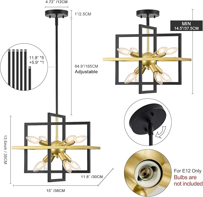 Small Black Gold Chandelier, Modern 8-Light Geometric Pendant Light Fixture, Industrial Square Hanging Chandelier for Dining Room, Kitchen Island, Foyer, Hallway